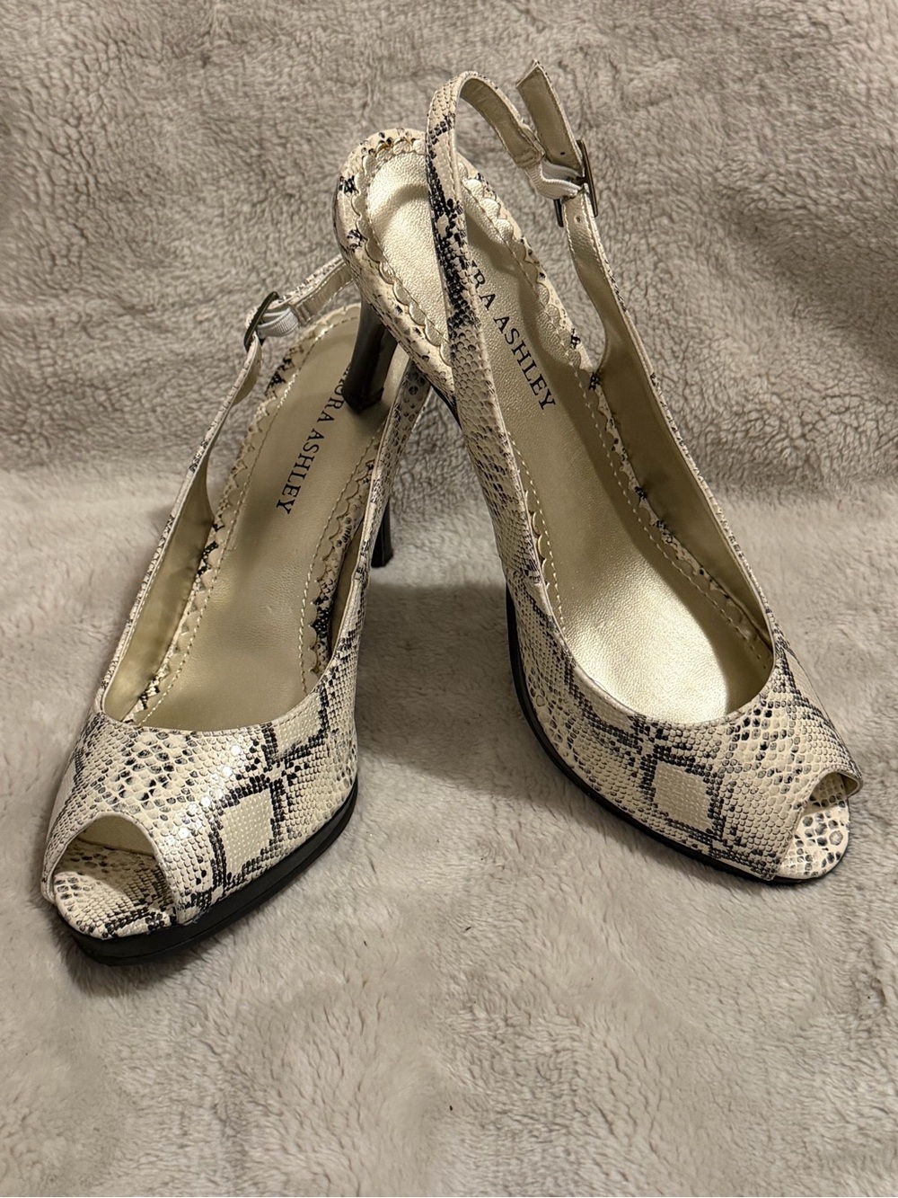 Laura Ashley Cream and Black Snake-Print Peep Toe Slingback Heels